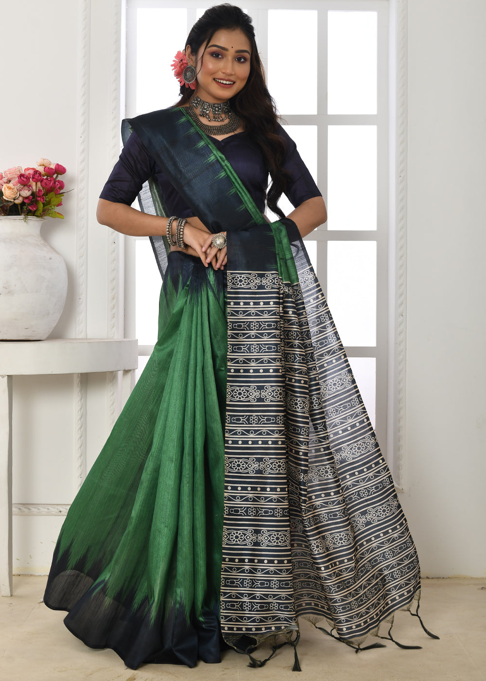 Axolotl Green Woven Tussar Ikkat Silk Saree