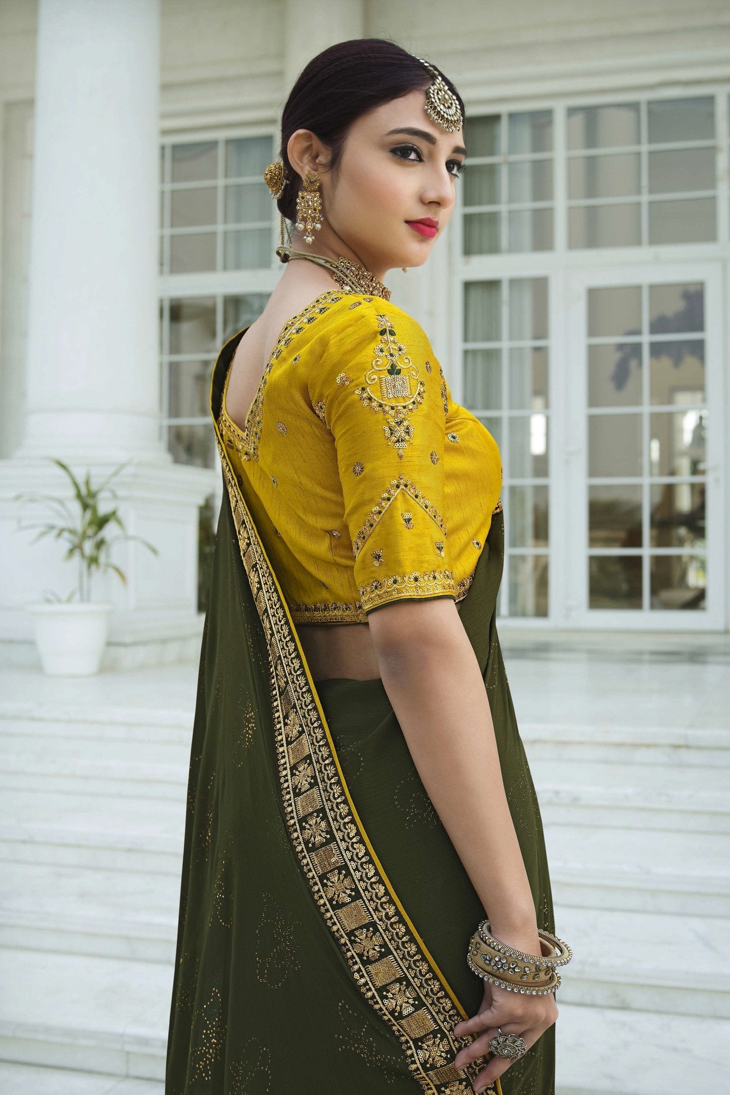 Birch Green and Yellow Chiffon Stone Work Saree