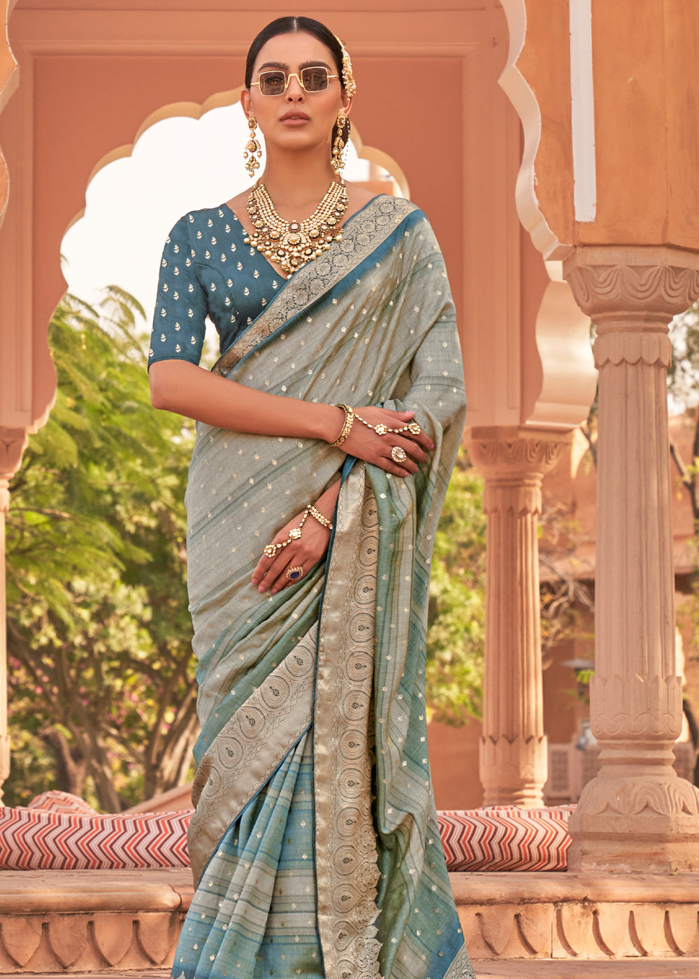 Juniper Blue Woven Soft Textured Printed Silk Saree