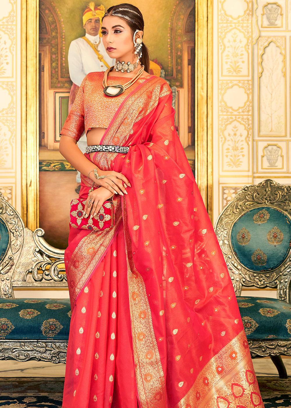 Dimond Red Woven Banarasi Organza Silk Saree