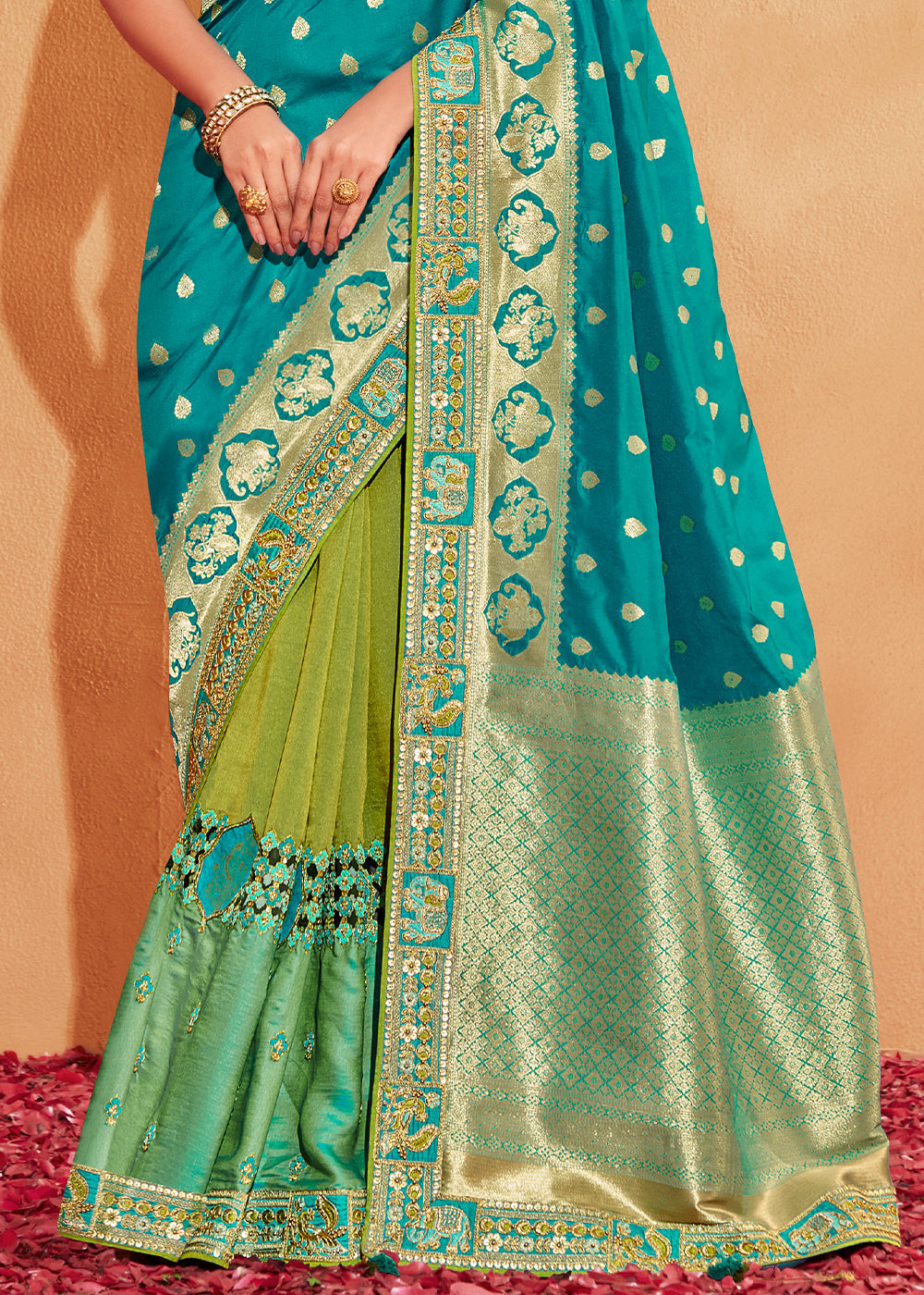 Persian Green and Blue Embroidered Banarasi Silk Saree