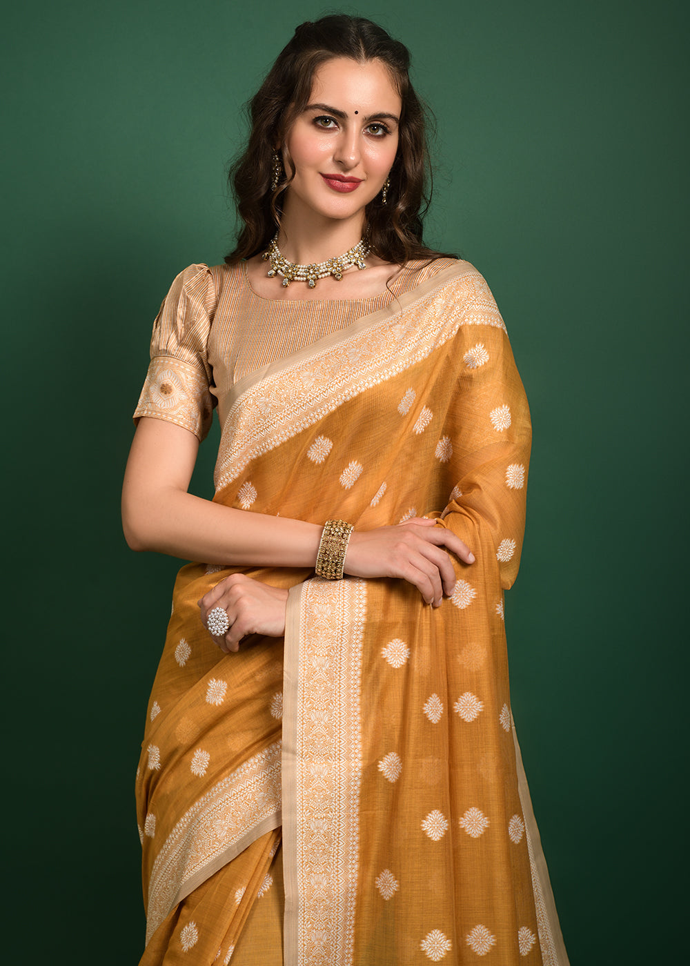 Goldenrod Yellow Chikankari Chanderi Cotton Woven Saree