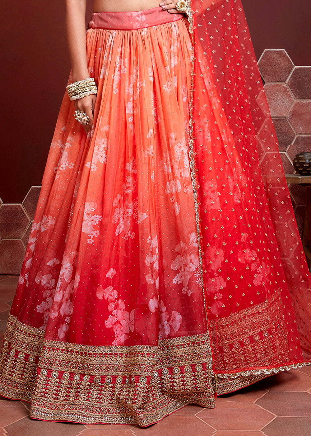 Punch Red Printed Organza Silk Lehenga Choli