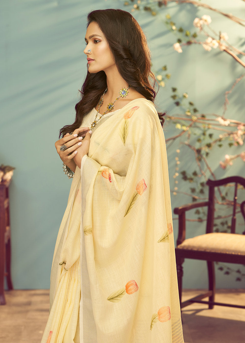 Primrose Yellow Soft Linen Silk Floral Printed Saree