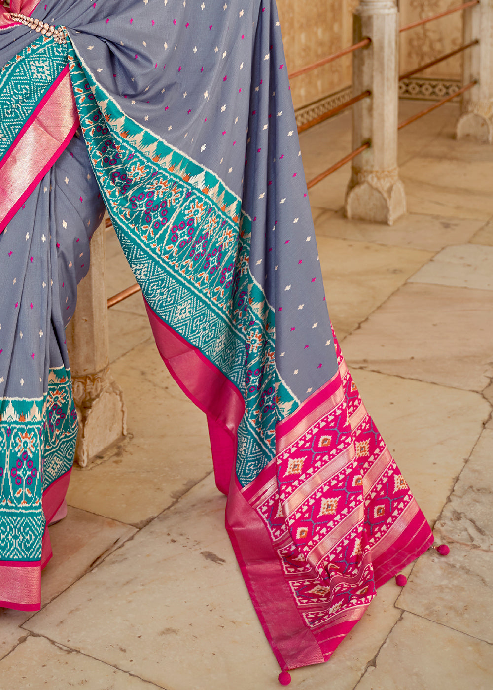 Waterloo Blue and Pink Cotton Patola Printed Saree