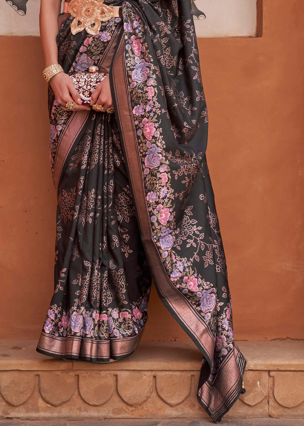 Dune Black Soft Floral Printed Silk Saree