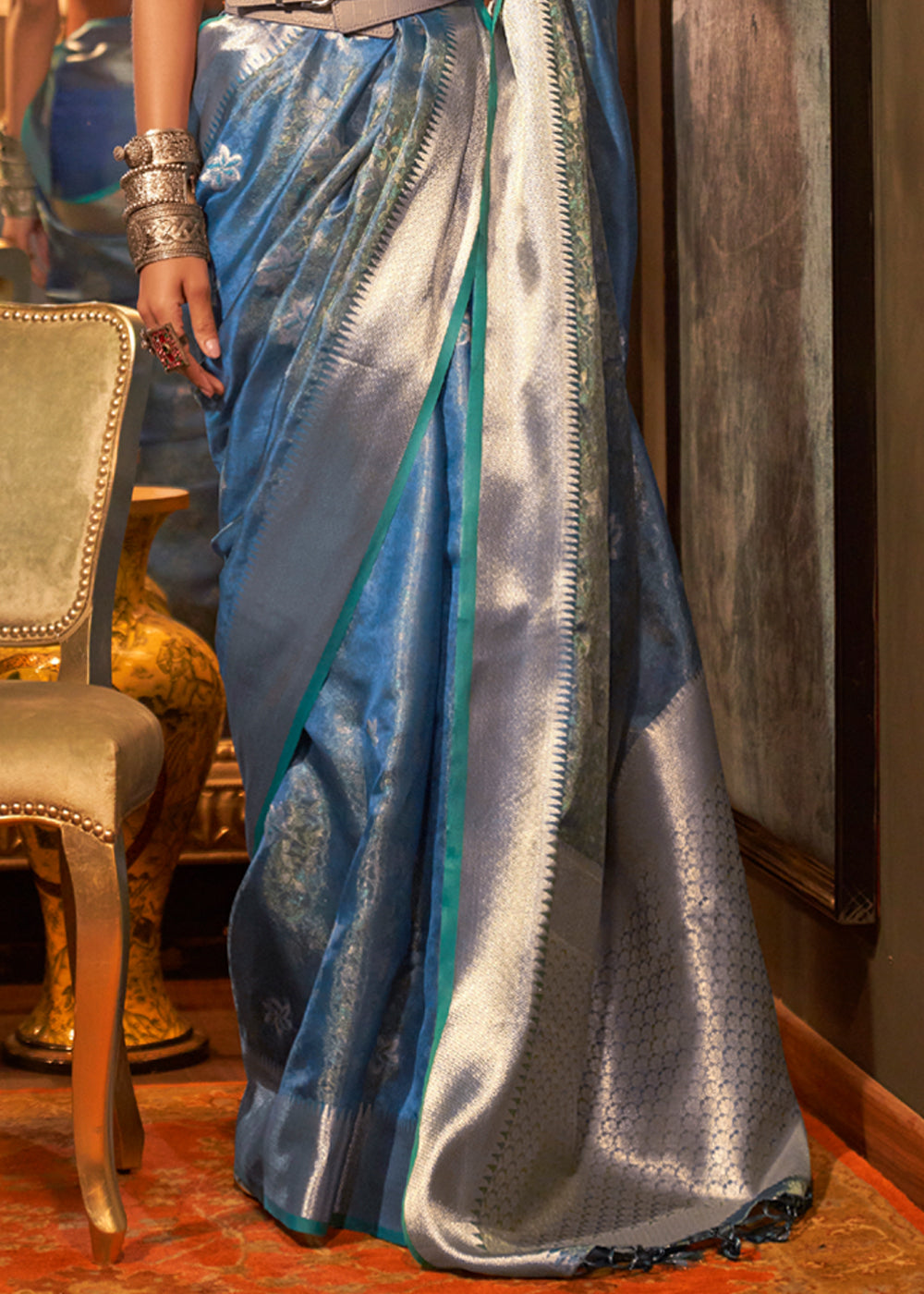 Norway Blue Dual Tone Banarasi Organza Silk Saree