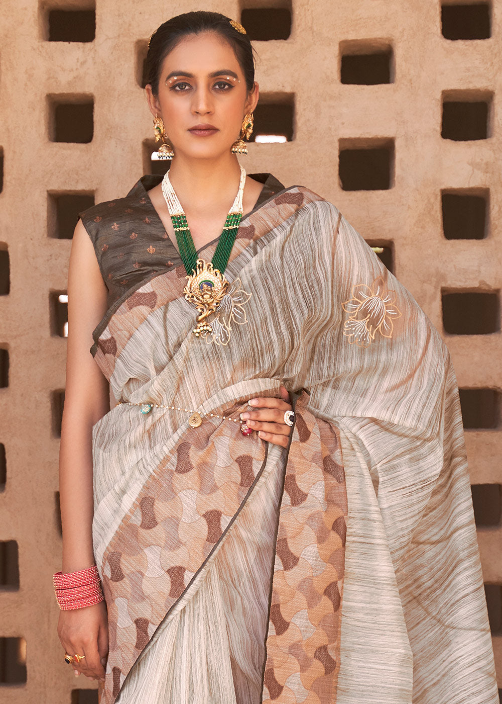 Bone Brown Printed Kora Silk Saree