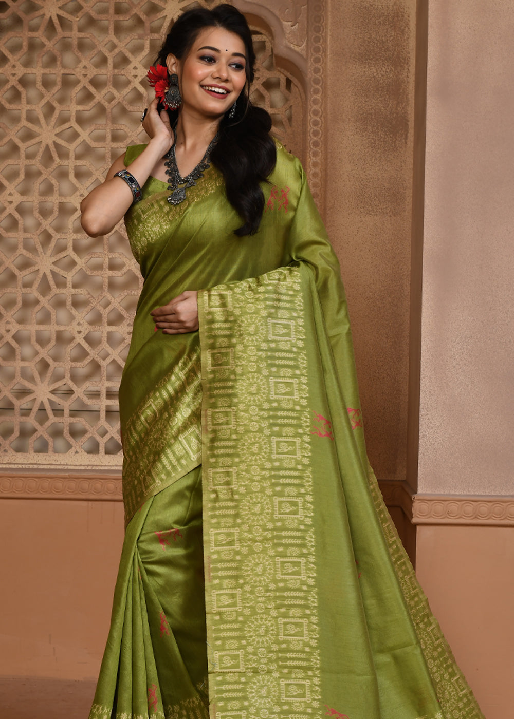 Crete Green Woven Textured Cotton Silk Saree