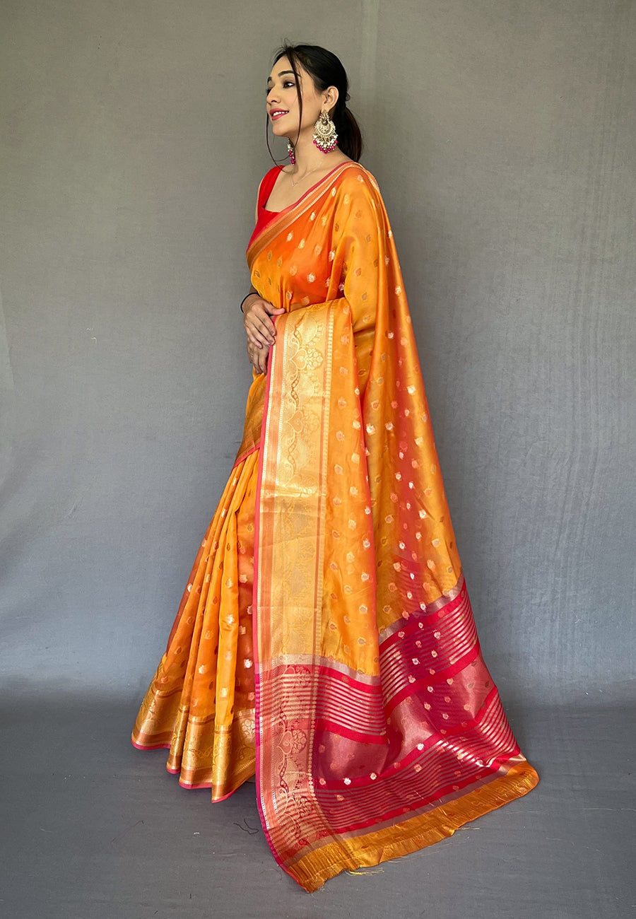 Crusta Orange Zari Woven Organza Silk Saree