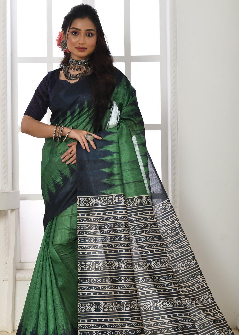 Axolotl Green Woven Tussar Ikkat Silk Saree