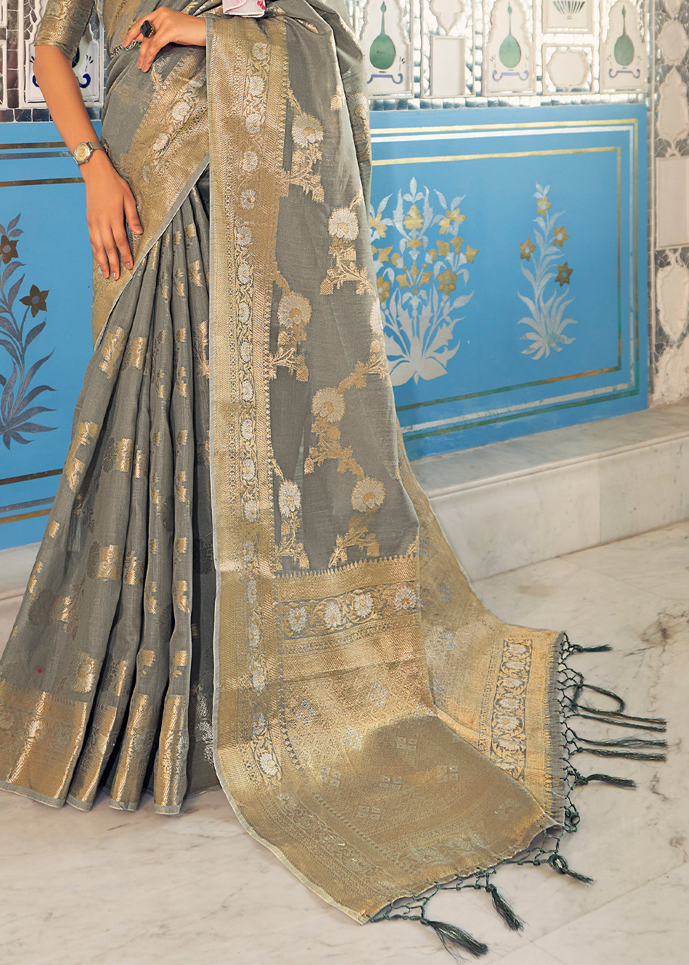 Olive Haze Grey Zari Woven Linen Silk Saree