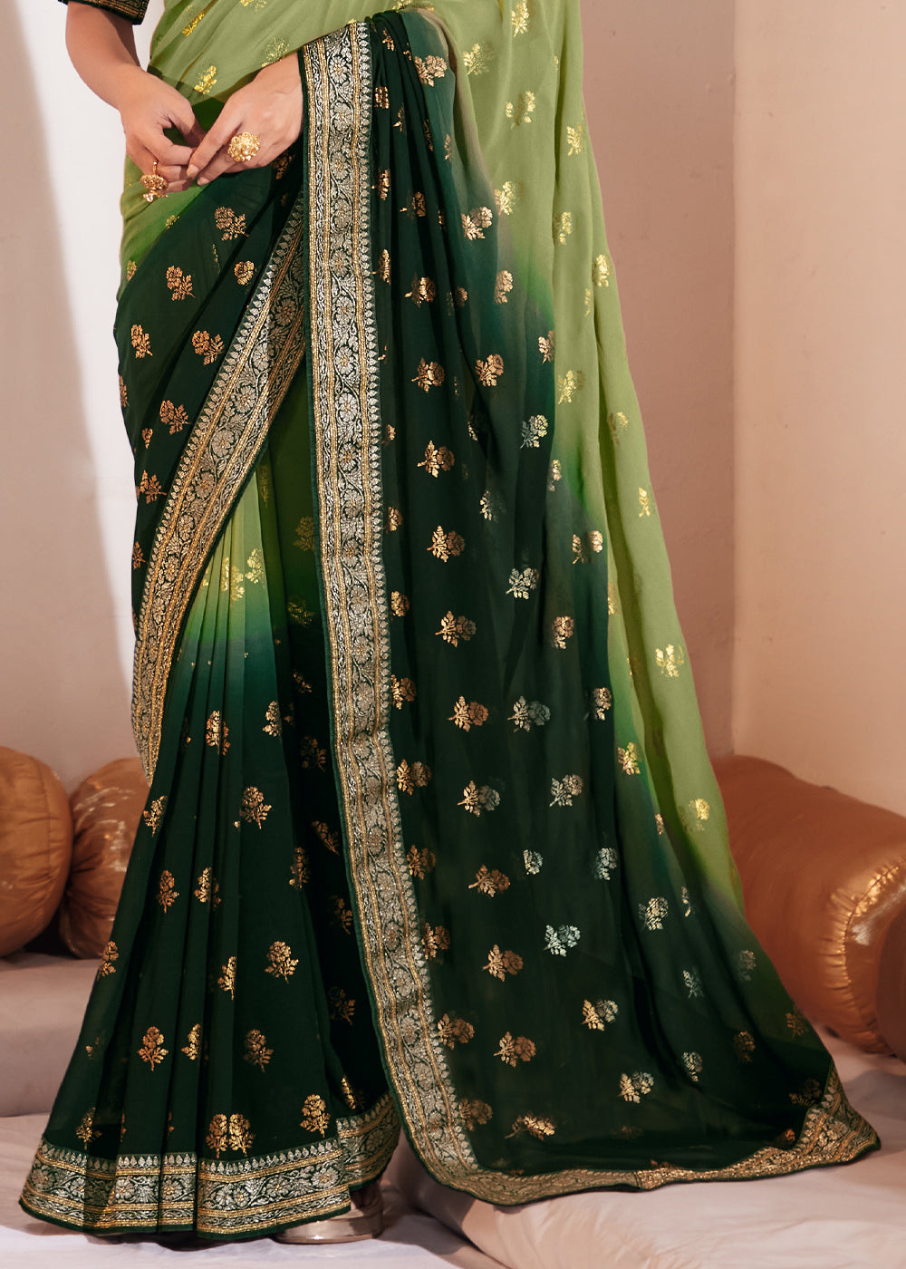 Barley Corn Green Woven Georgette Silk Saree