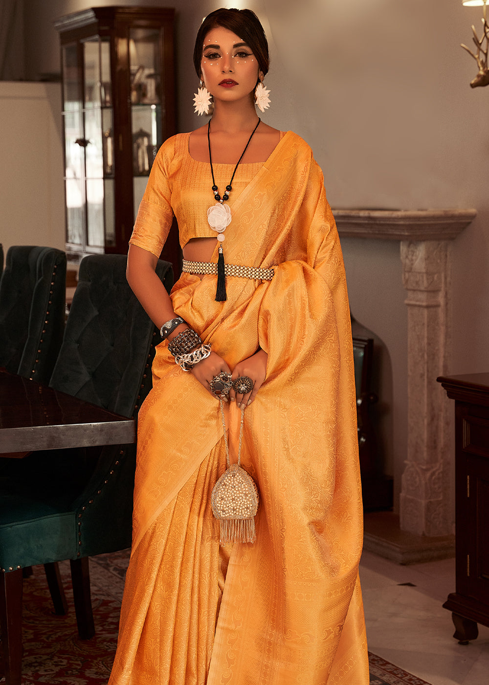 Koromiko Orange Woven Kanjivaram Silk Saree