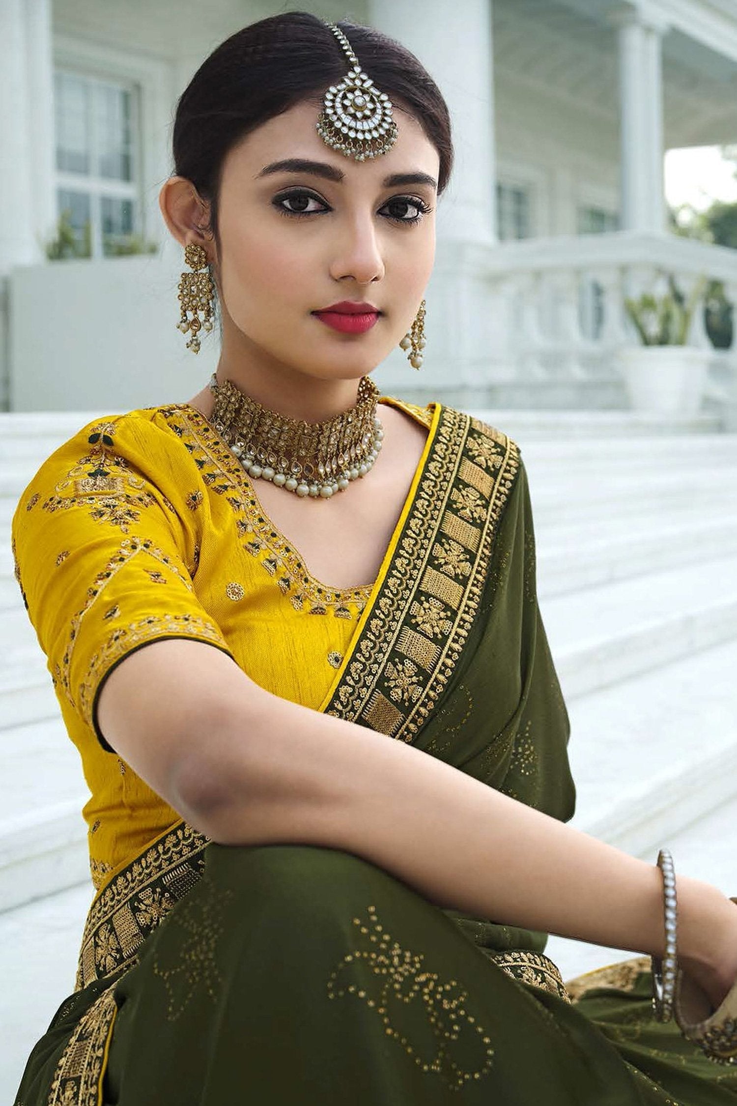 Birch Green and Yellow Chiffon Stone Work Saree