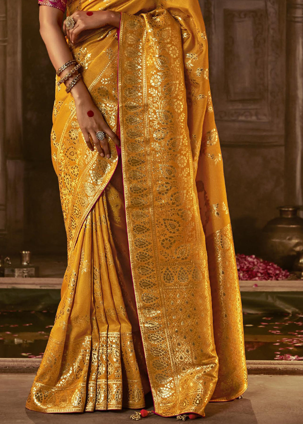 Reno Sand Yellow Woven Designer Banarasi Silk Saree