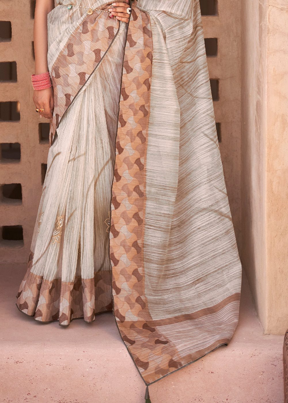 Bone Brown Printed Kora Silk Saree