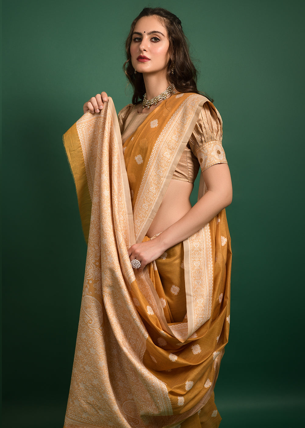 Goldenrod Yellow Chikankari Chanderi Cotton Woven Saree