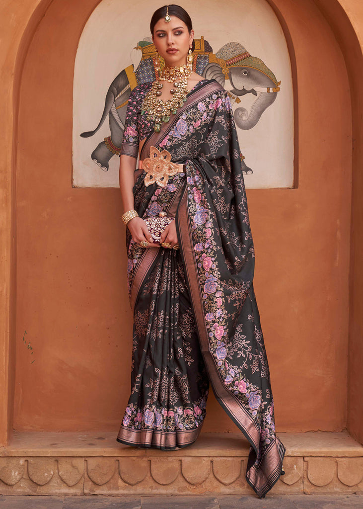 Dune Black Soft Floral Printed Silk Saree