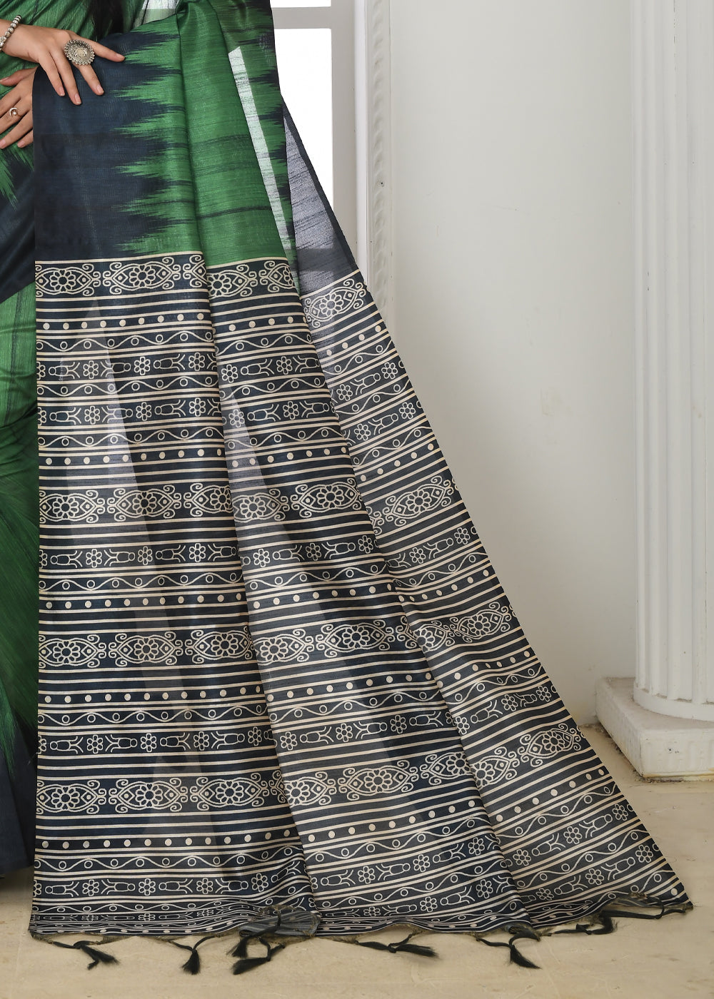 Axolotl Green Woven Tussar Ikkat Silk Saree