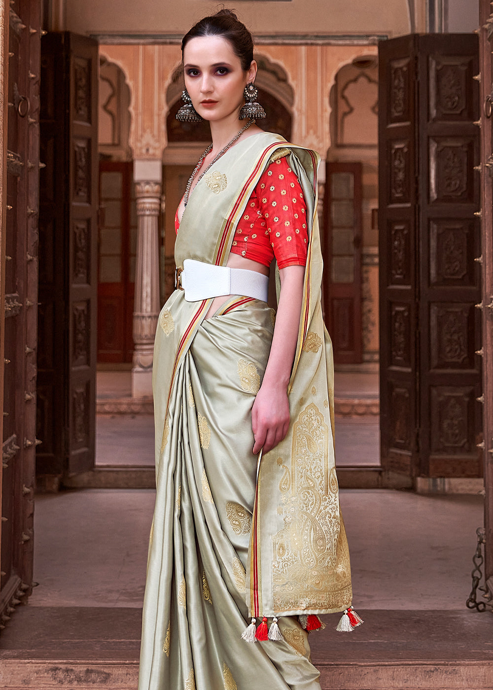 Delta Grey Woven Satin Silk Saree