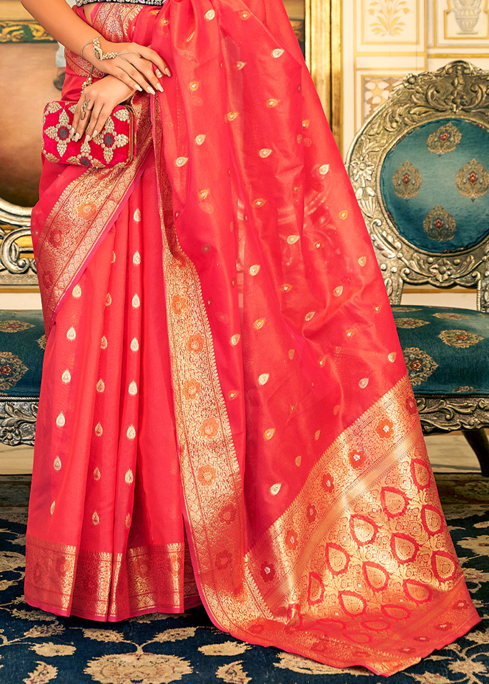 Dimond Red Woven Banarasi Organza Silk Saree