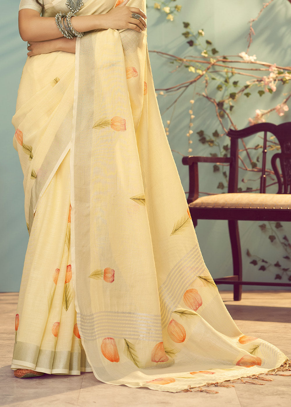 Primrose Yellow Soft Linen Silk Floral Printed Saree