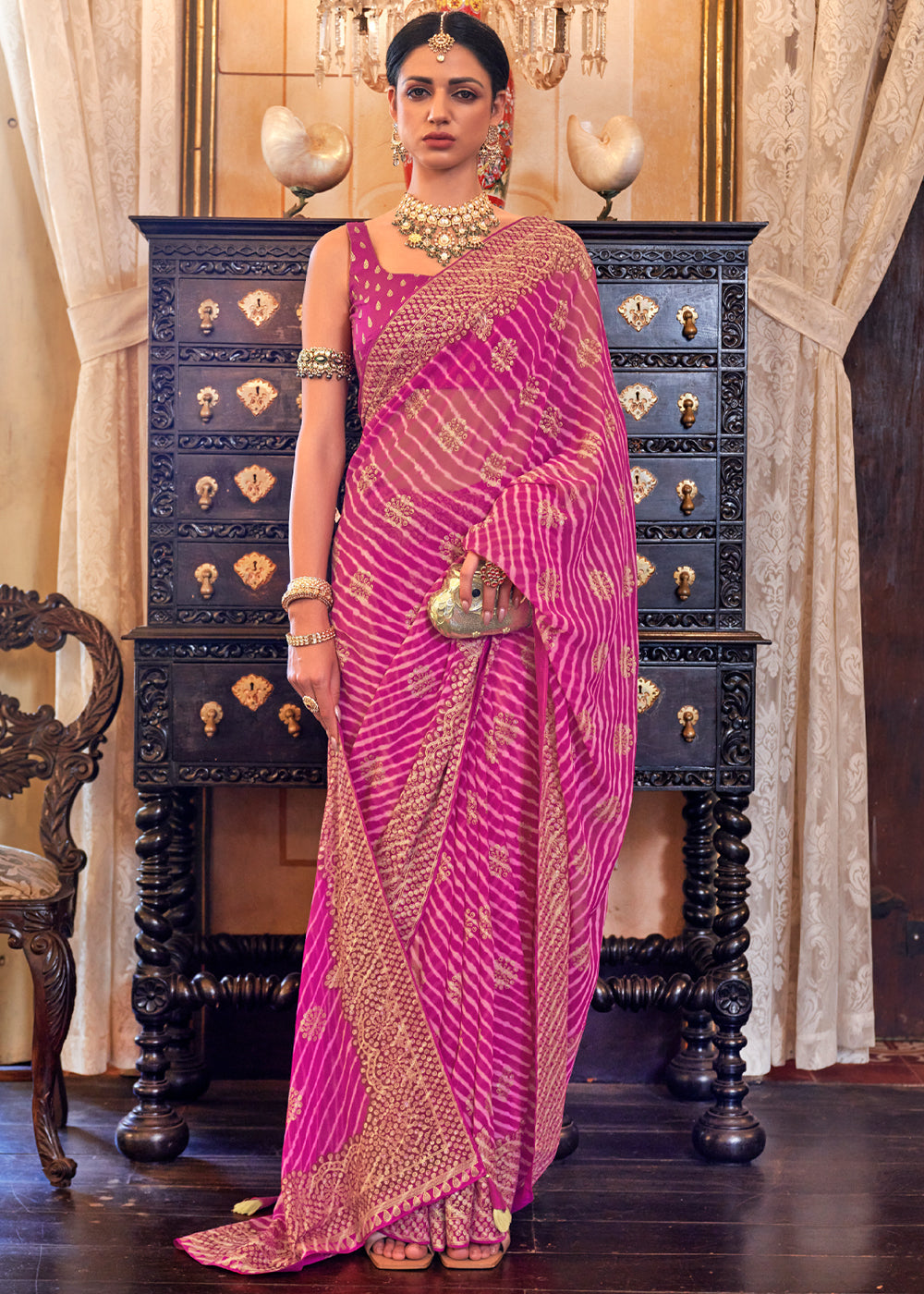 Brilliant Rose Pink Lehariya Georgette Silk Saree