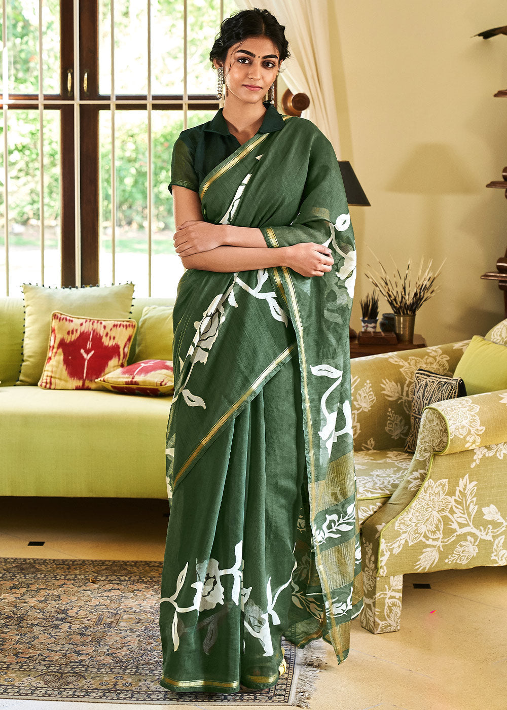 Everglade Green Cotton Linen Batik Printed Saree