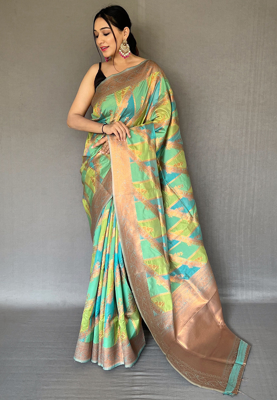 Moss Green and Blue Copper Zari Woven Organza Saree