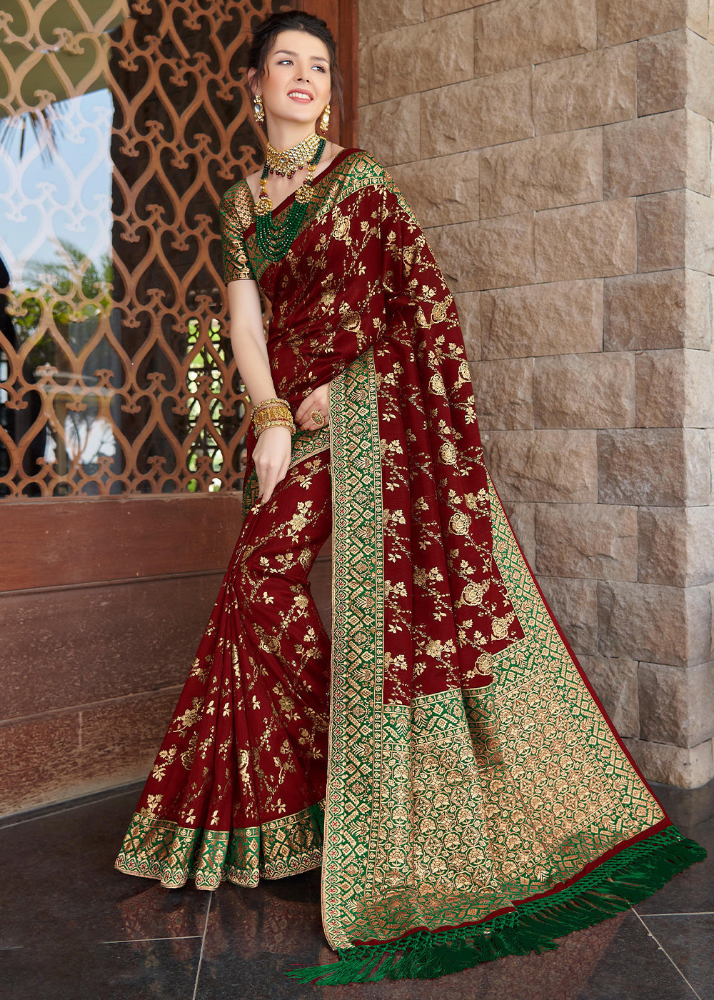 Espresso Red Zari Woven Banarasi Silk Saree