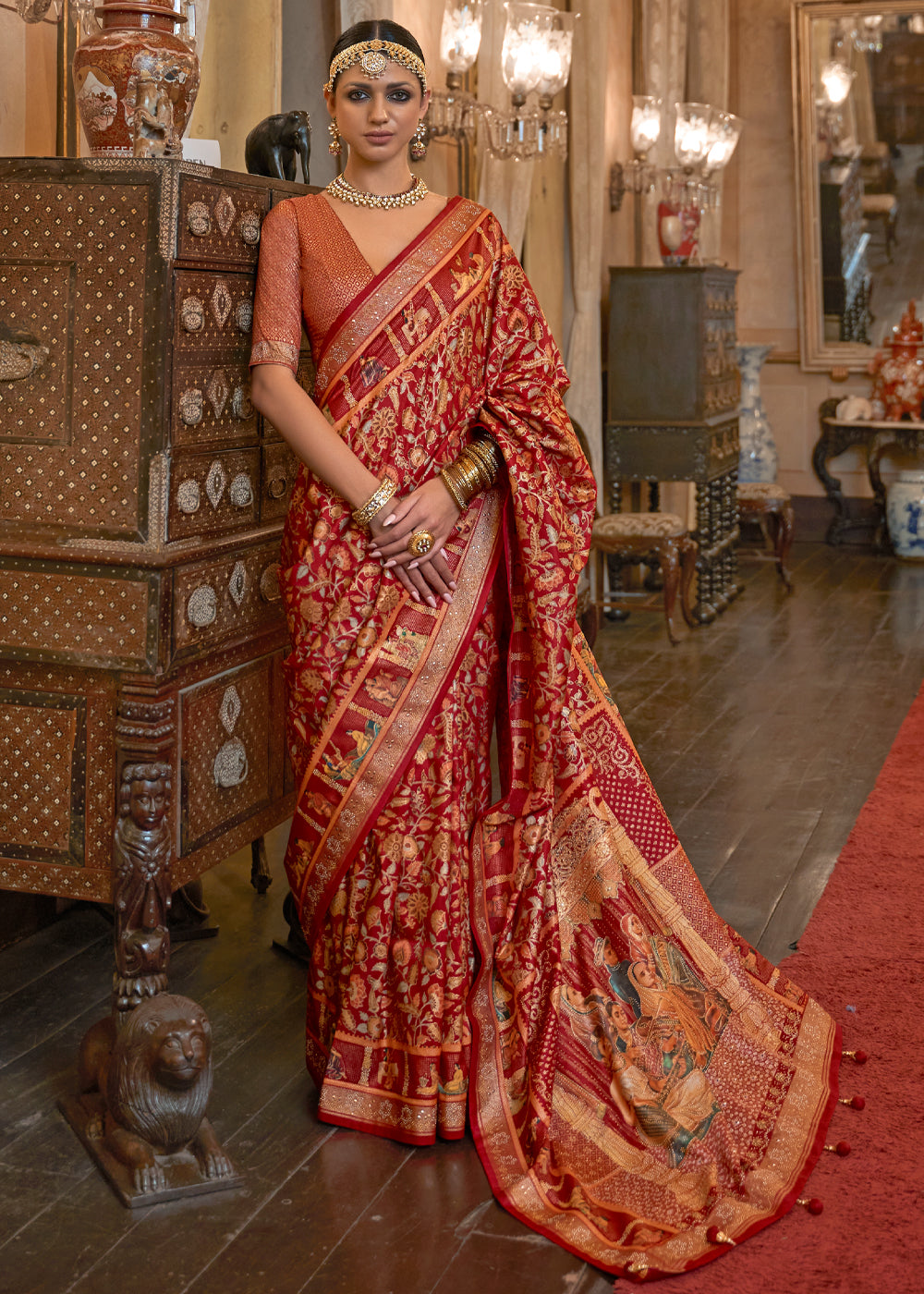 Apple Blossom Red Woven Digital Printed Patola Saree