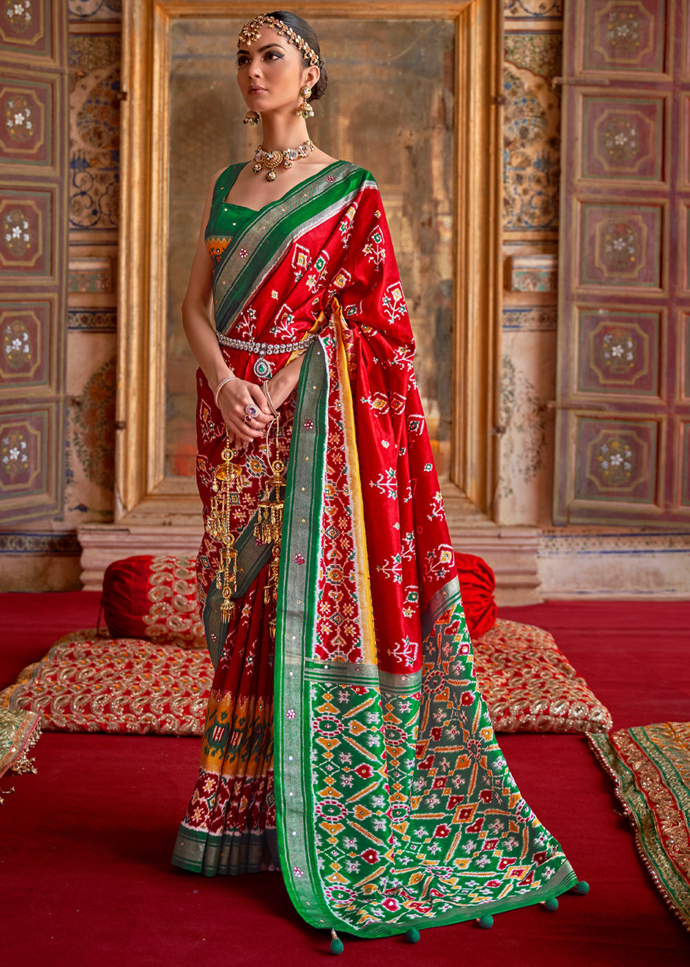 Mahogany Red and Green Woven Patola Silk Saree