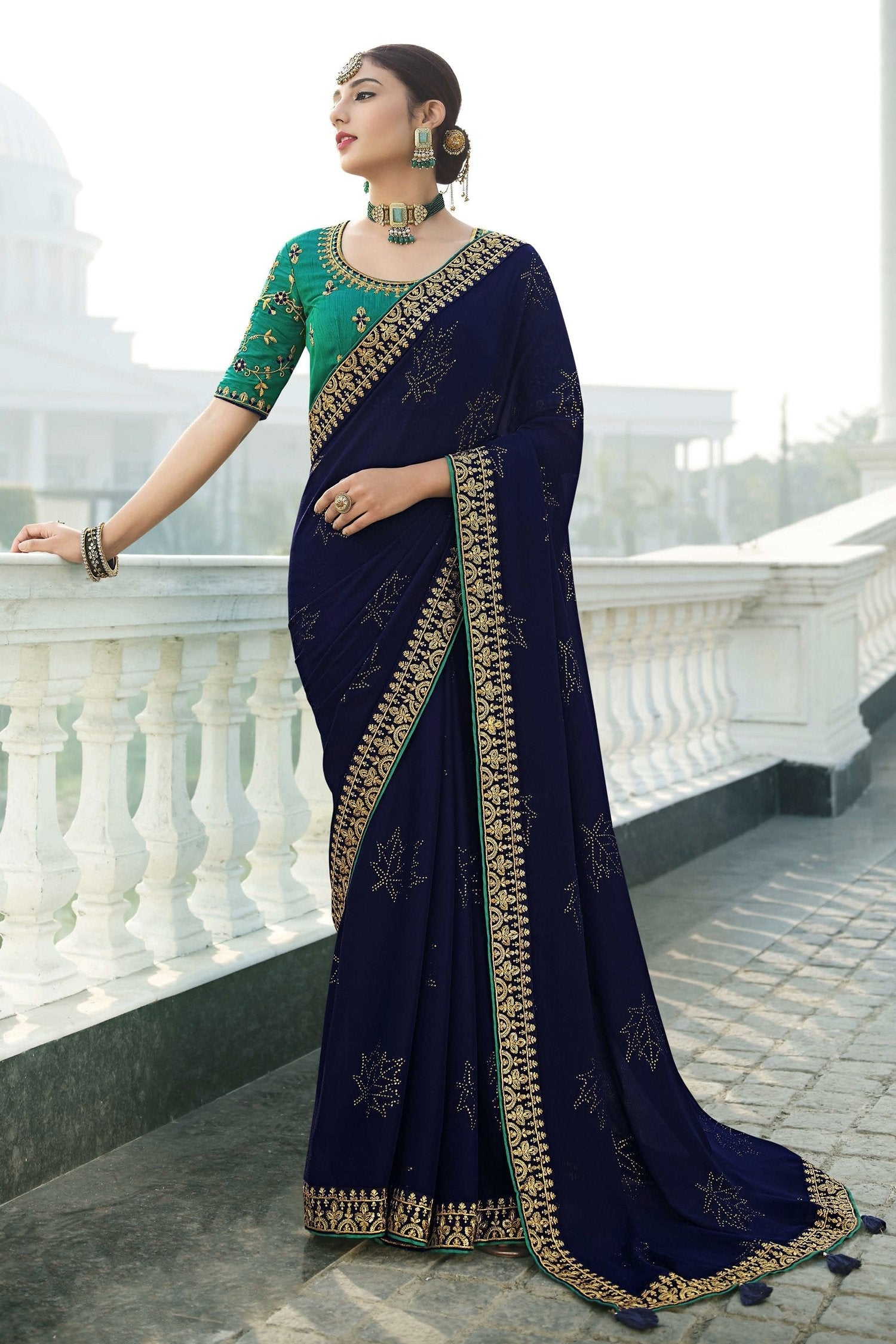 Mirage Blue and Green Chiffon Stone Work Saree