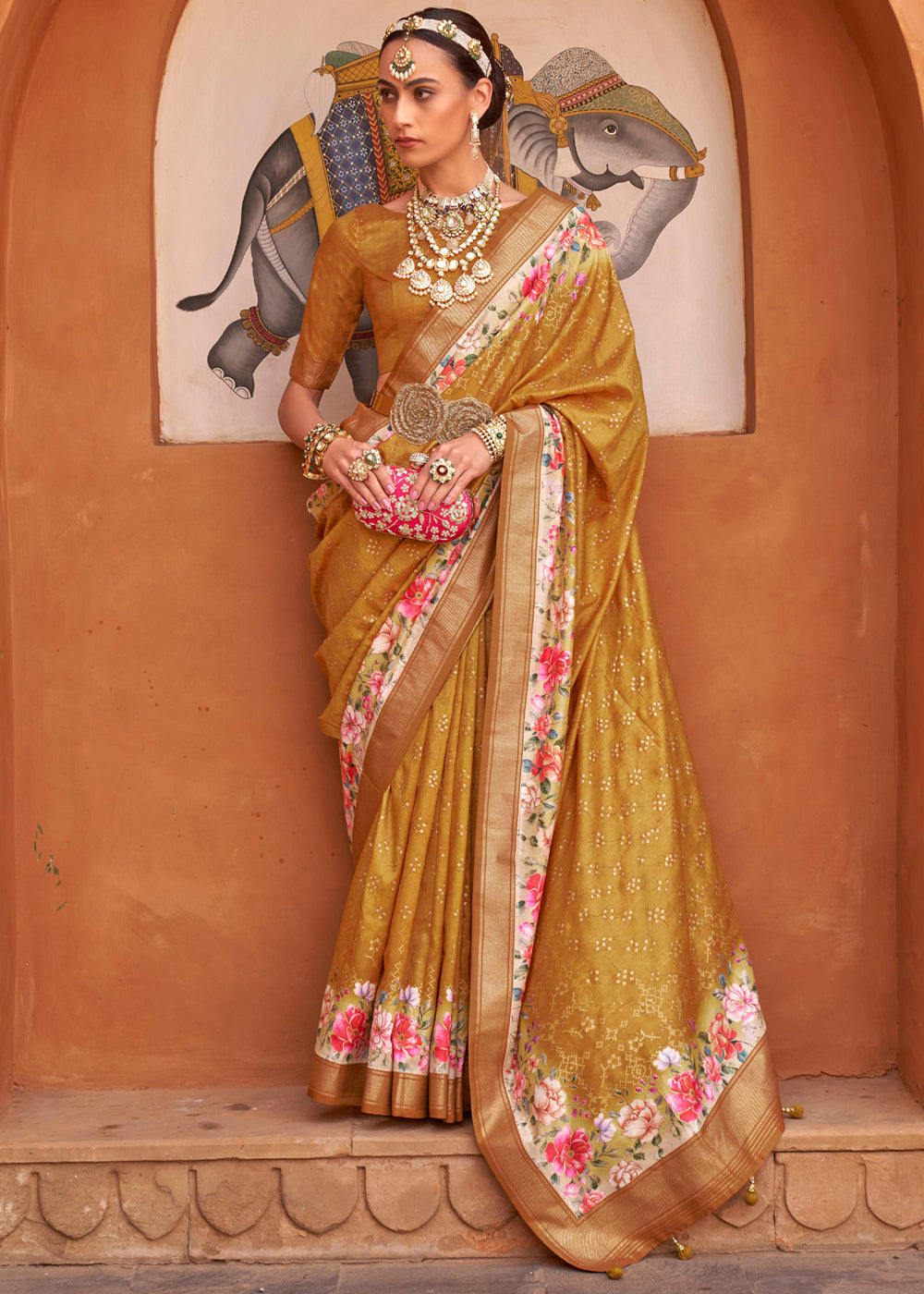 Ochre Yellow Soft Floral Printed Silk Saree