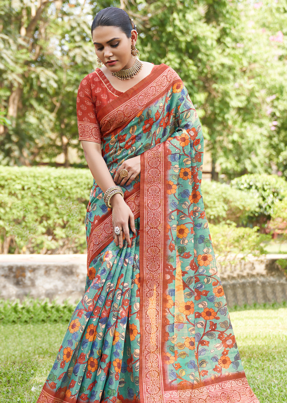 Neptune Blue Linen Kalamkari Digital Print Saree