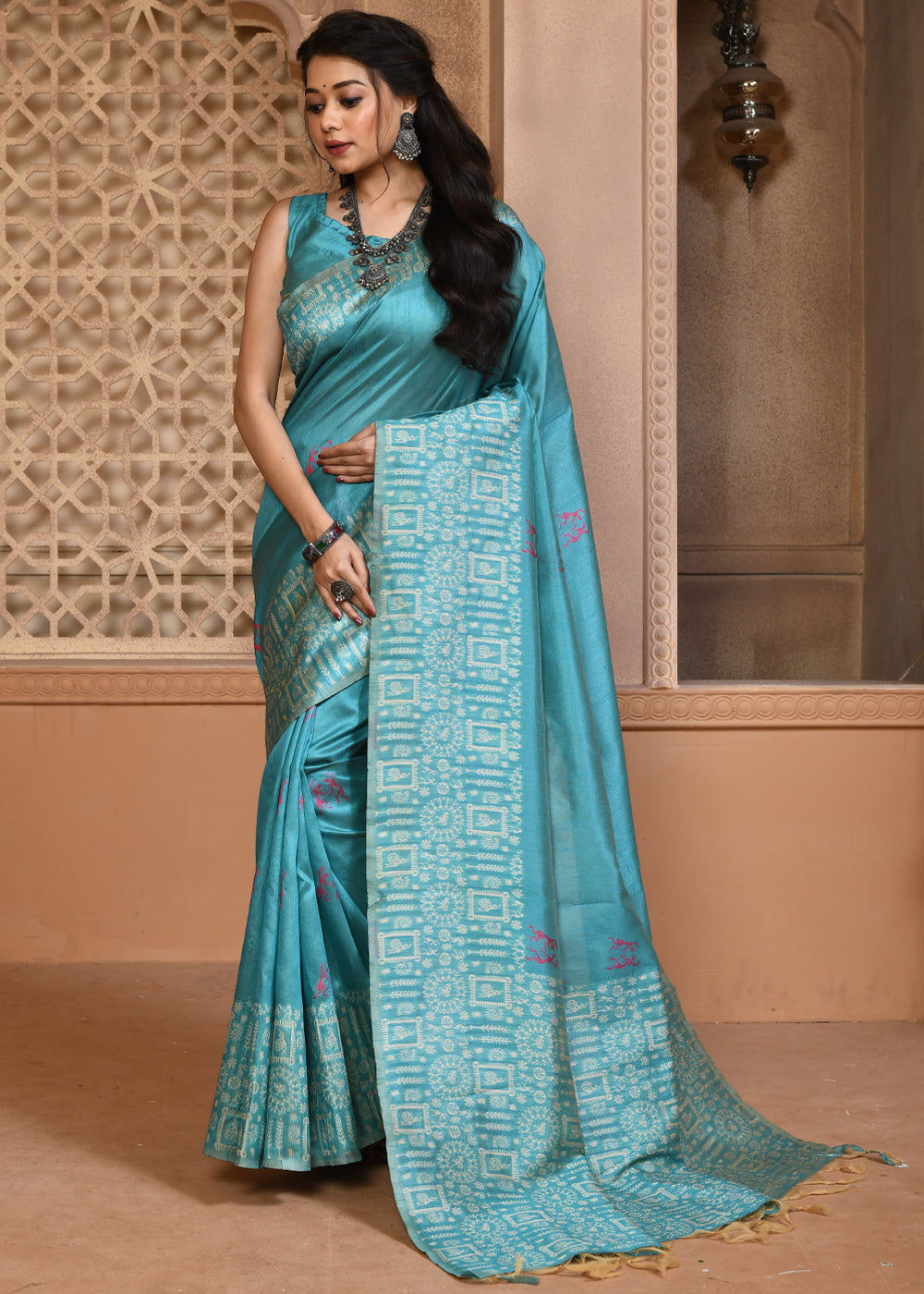 Faded Jade Blue Woven Textured Cotton Silk Saree