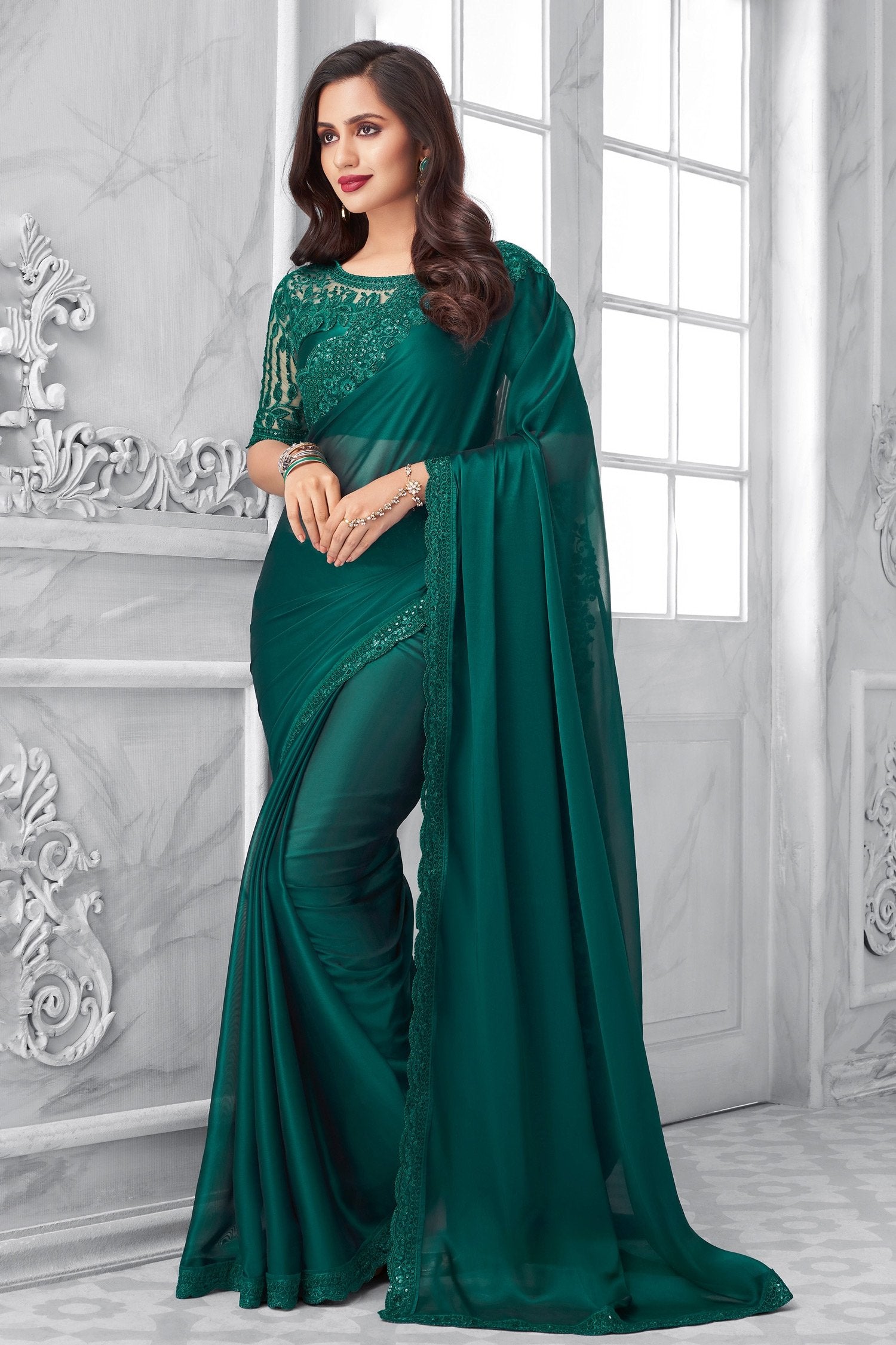 Deep Sea Green Two Tone Georgette Designer Silk Sraee