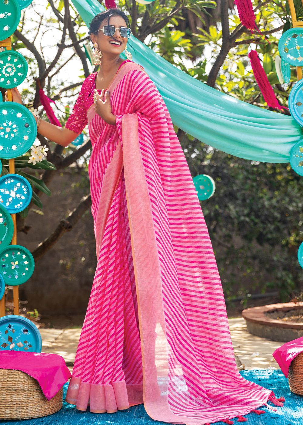 Carnation Pink Cotton Saree With Leheriya Print