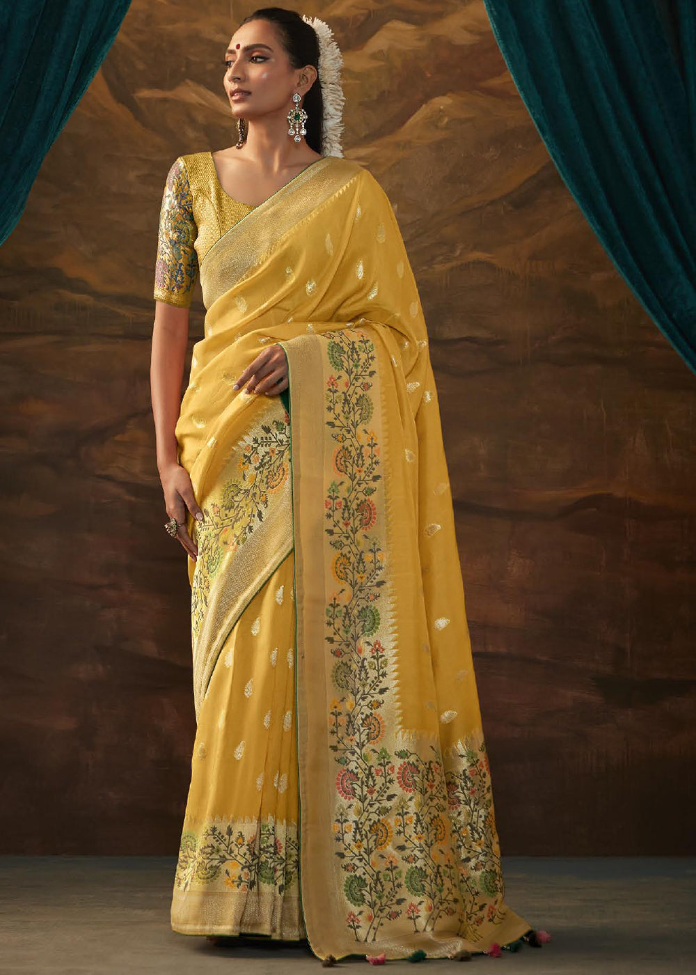 Apache Yellow Woven Paithani Banarasi Soft Silk Saree