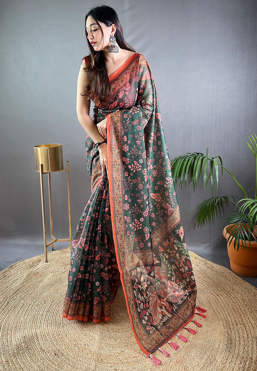 Killarney Green Cotton Kalamkari Printed Saree