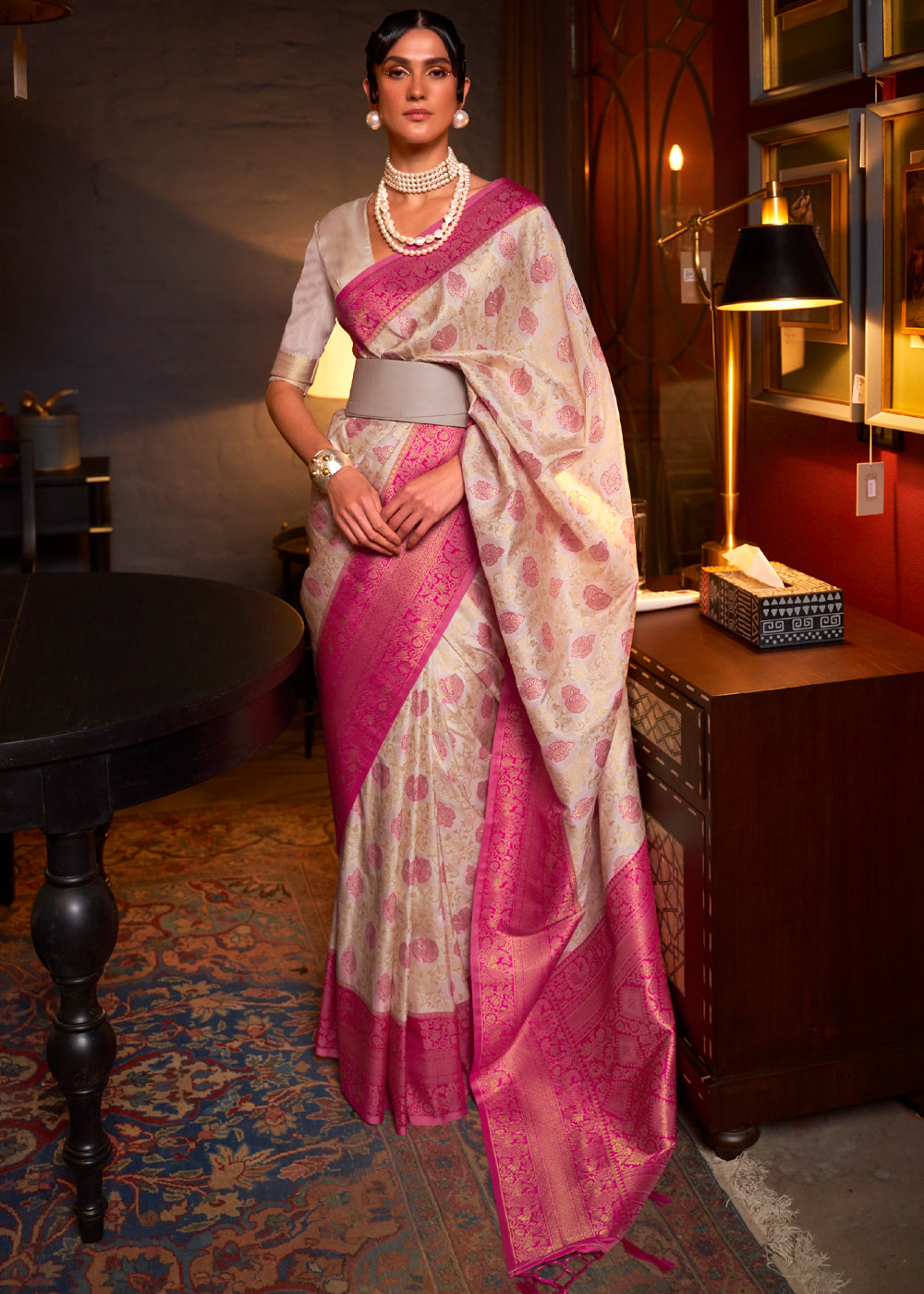 Egg Sour White and Pink Woven Banarasi Soft Silk Saree