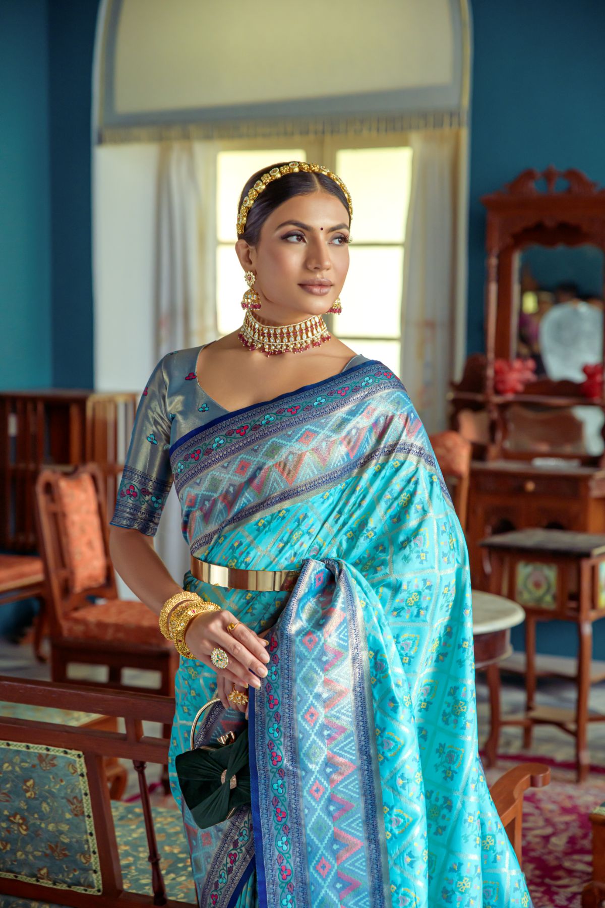 Robins Egg Blue Banarasi Patola Silk Saree