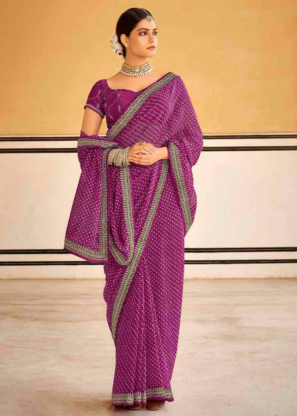 Rouge Purple Georgette Leheriya Printed Saree with Embroidered Blouse