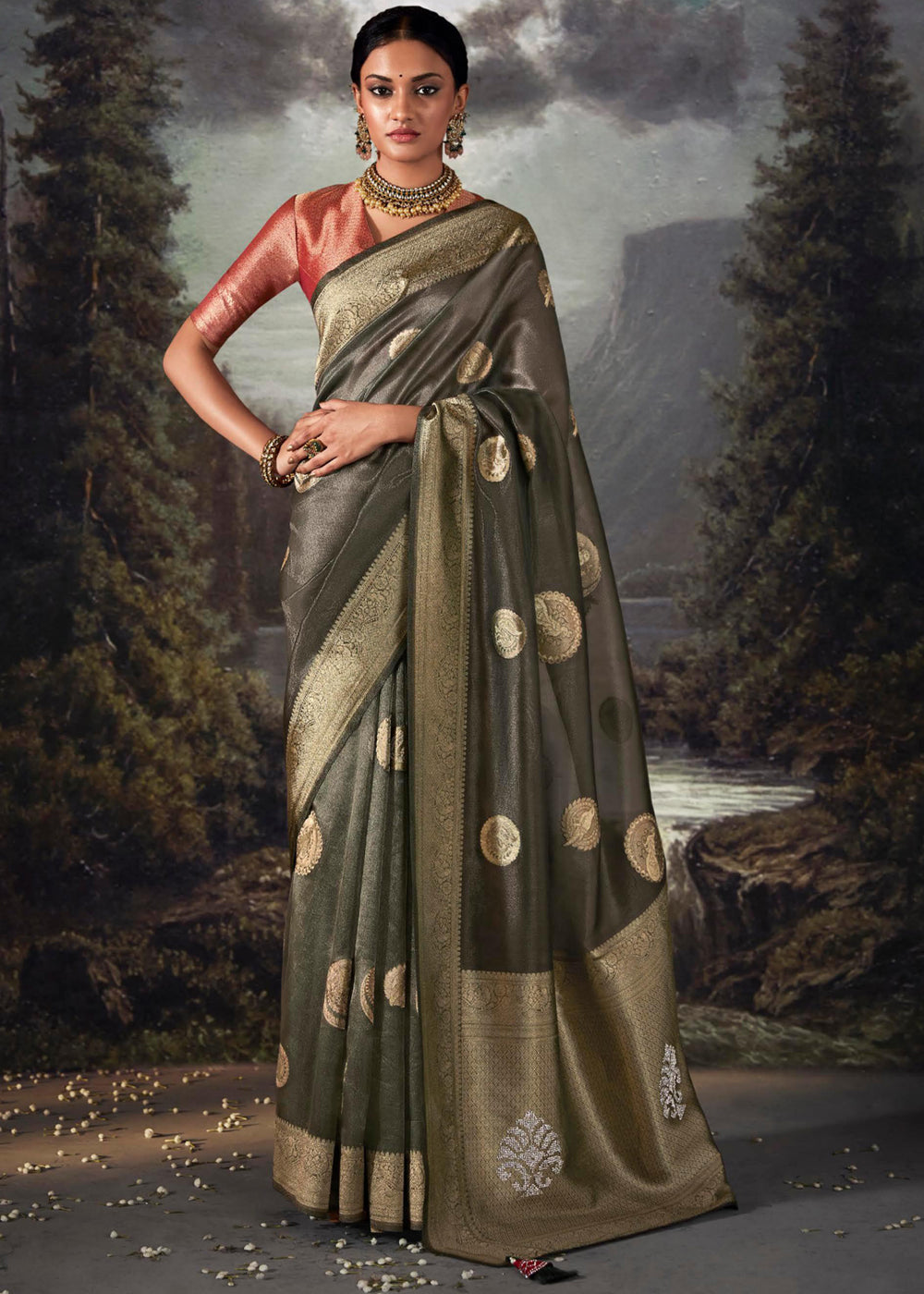 Fuscous Grey Woven Banarasi Organza Silk Saree