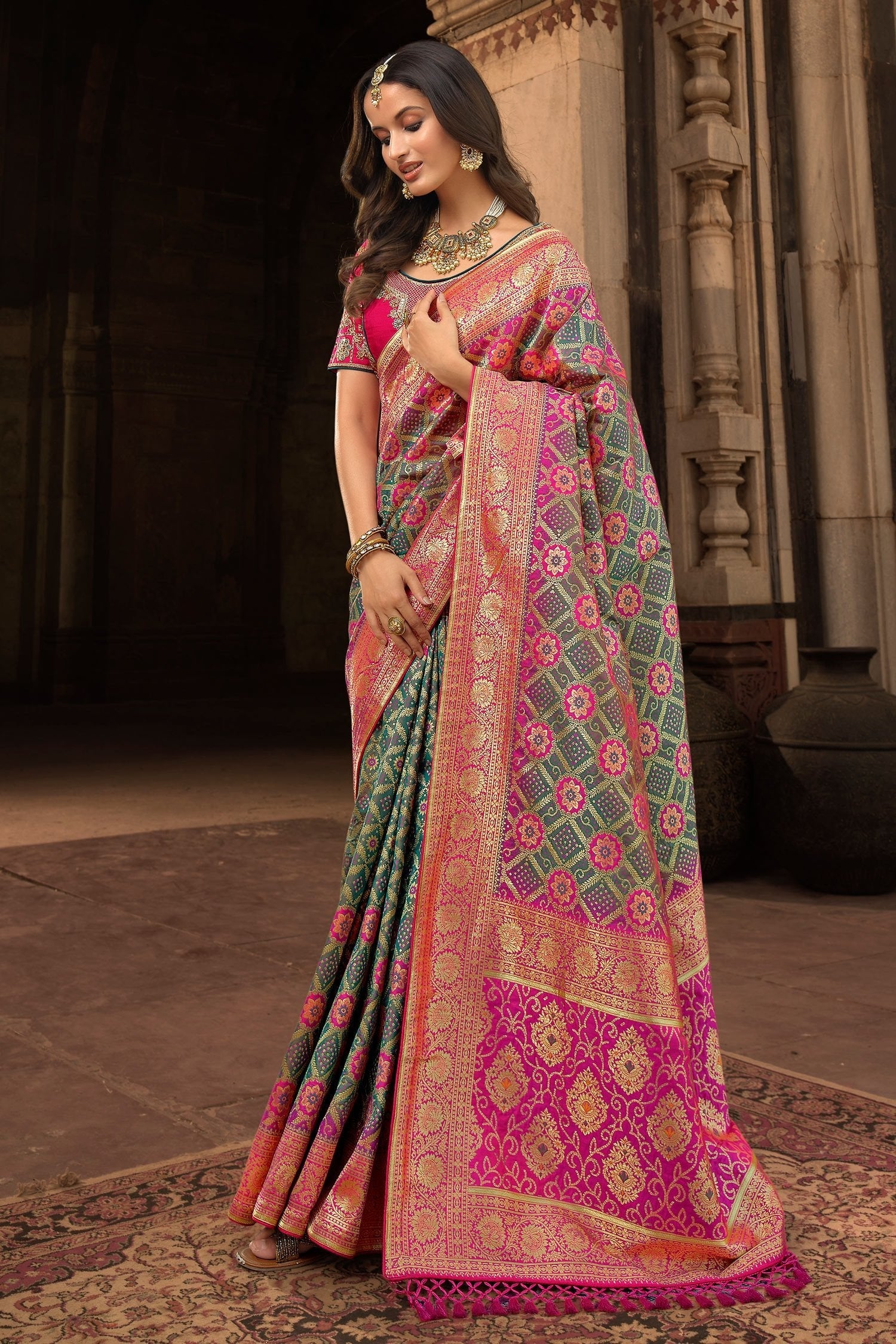 Dingley Green and Pink Designer Banarasi Woven Silk Saree