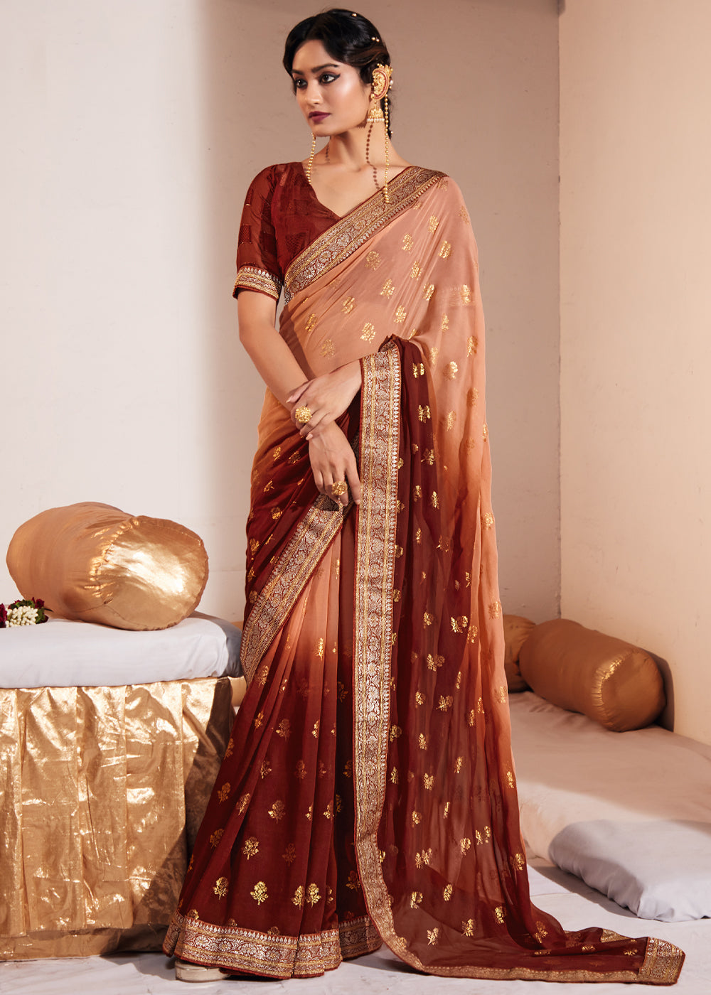 Tonys Peach Woven Georgette Silk Saree