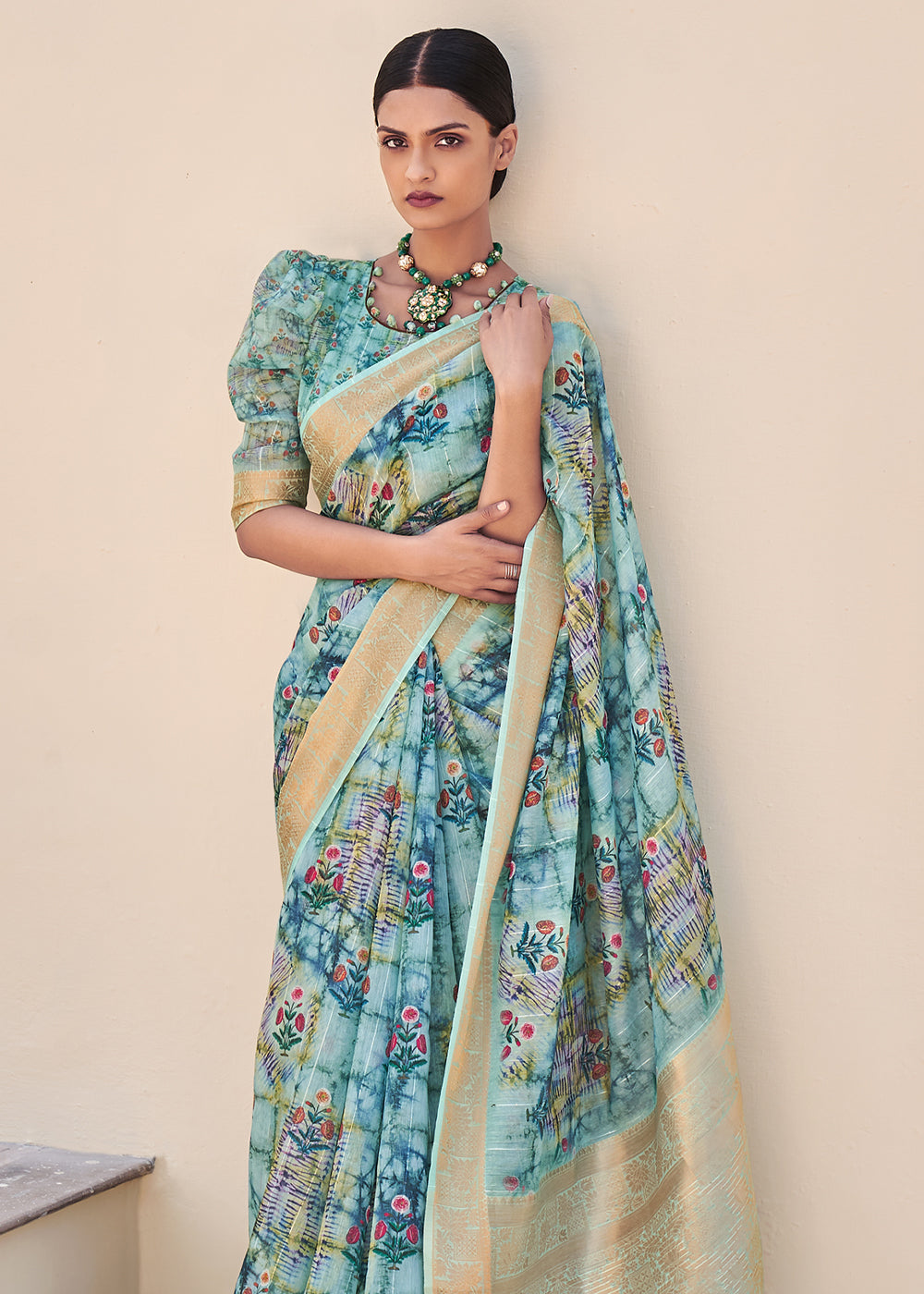 Juniper Blue Digital Print Linen Saree