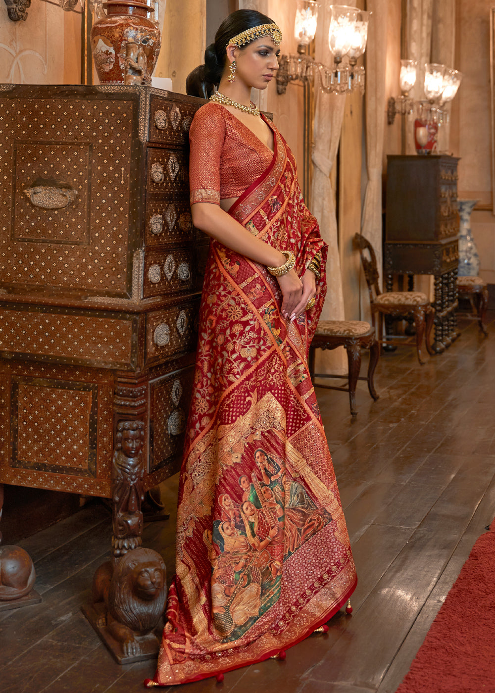 Apple Blossom Red Woven Digital Printed Patola Saree