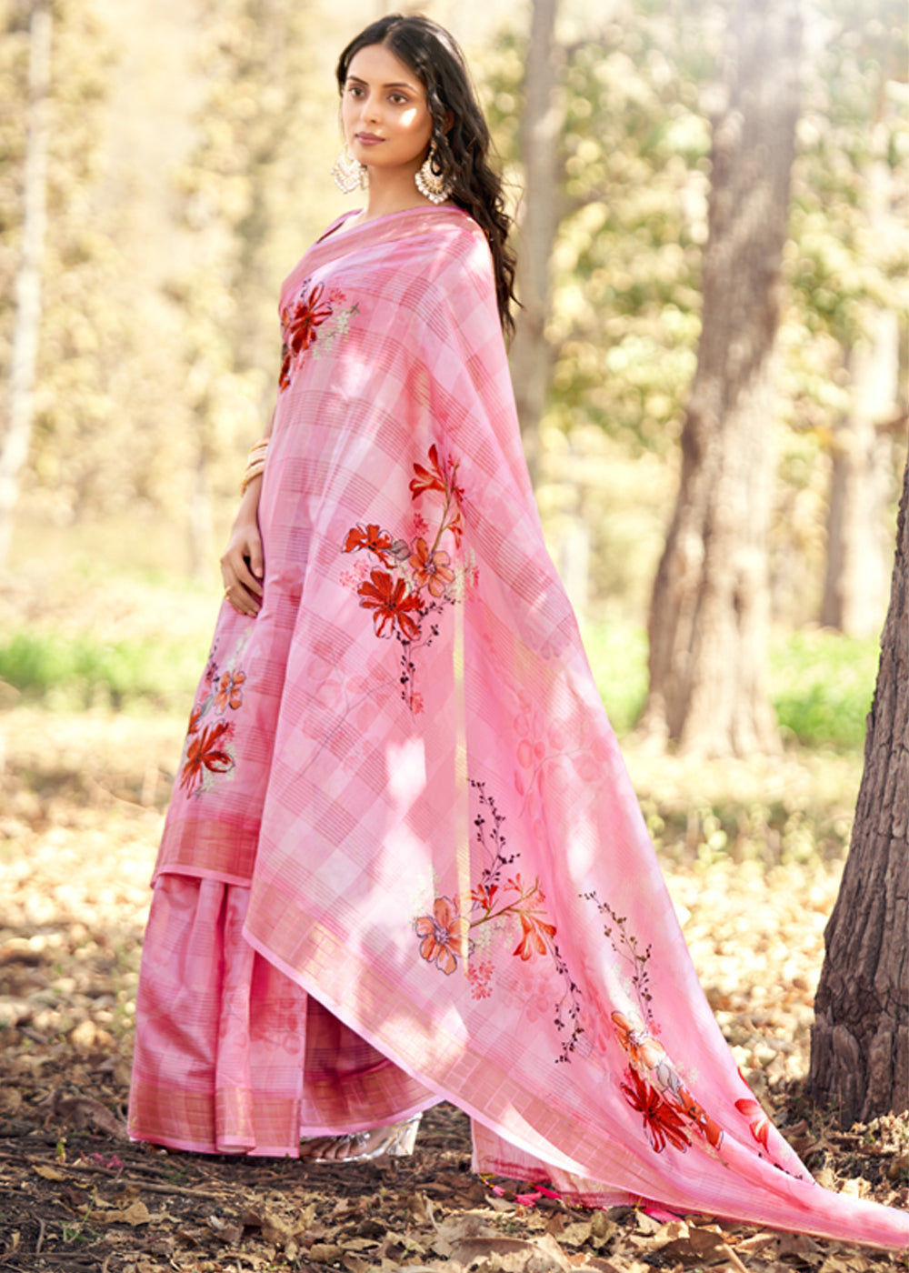 Sea Pink Floral Printed Cotton Silk Saree